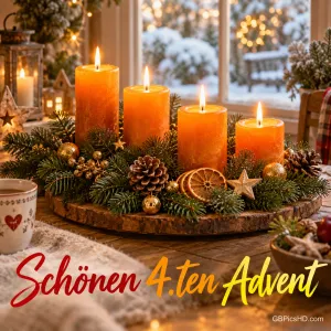 Vier orangefarbene Kerzen brennen zwischen Tannengrün, Zapfen und Orangenscheiben: "Schönen 4.ten Advent".