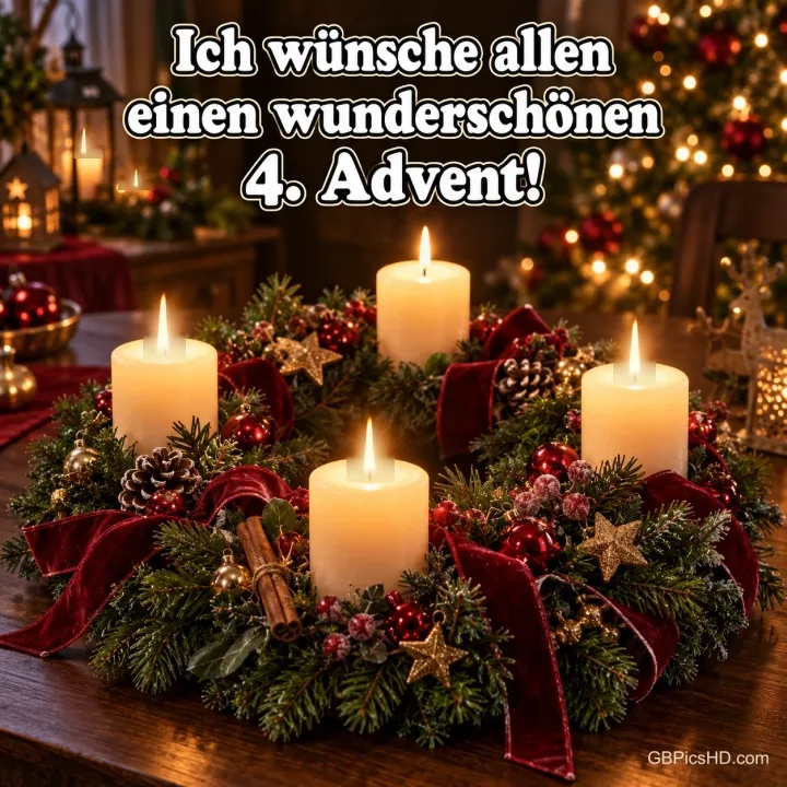 Vier helle Kerzen brennen im Tannenkranz mit roten Schleifen unter "Ich wünsche allen einen wunderschönen 4. Advent!". Vier helle Kerzen brennen im Tannenkranz mit roten Schleifen unter "Ich wünsche allen einen wunderschönen 4. Advent!".