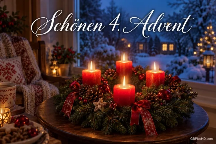 Ein Kranz mit vier roten Kerzen steht auf einem runden Tisch vor dem verschneiten Fenster unter "Schönen 4. Advent". Ein Kranz mit vier roten Kerzen steht auf einem runden Tisch vor dem verschneiten Fenster unter "Schönen 4. Advent".