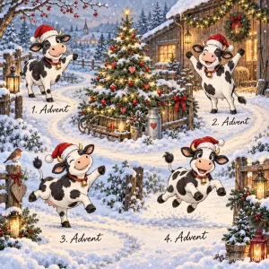 Vier Kühe mit Weihnachtsmützen stehen und springen im Schnee neben "1. Advent 2. Advent 3. Advent 4. Advent".