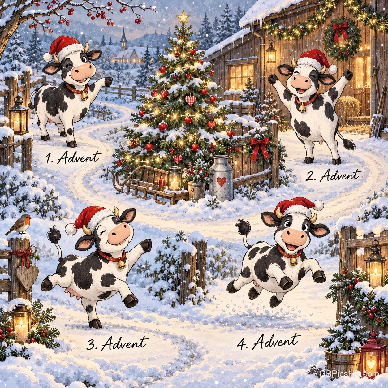 Vier Kühe mit Weihnachtsmützen stehen und springen im Schnee neben "1. Advent 2. Advent 3. Advent 4. Advent". Vier Kühe mit Weihnachtsmützen stehen und springen im Schnee neben "1. Advent 2. Advent 3. Advent 4. Advent".