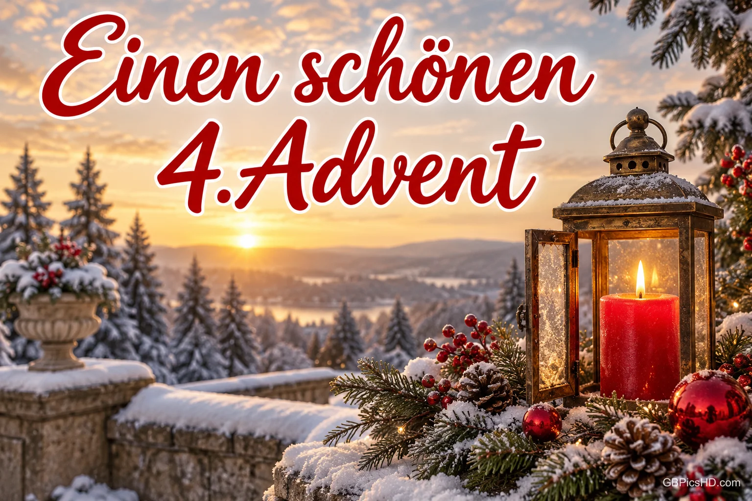 Eine Laterne mit roter Kerze steht vor verschneiten Tannen im Sonnenaufgang unter "Einen schönen 4. Advent". Eine Laterne mit roter Kerze steht vor verschneiten Tannen im Sonnenaufgang unter "Einen schönen 4. Advent".