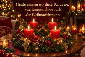 Vier rote Kerzen brennen im Kranz unter "Heute zünden wir die 4. Kerze an, bald kommt dann auch der Weihnachtsmann".