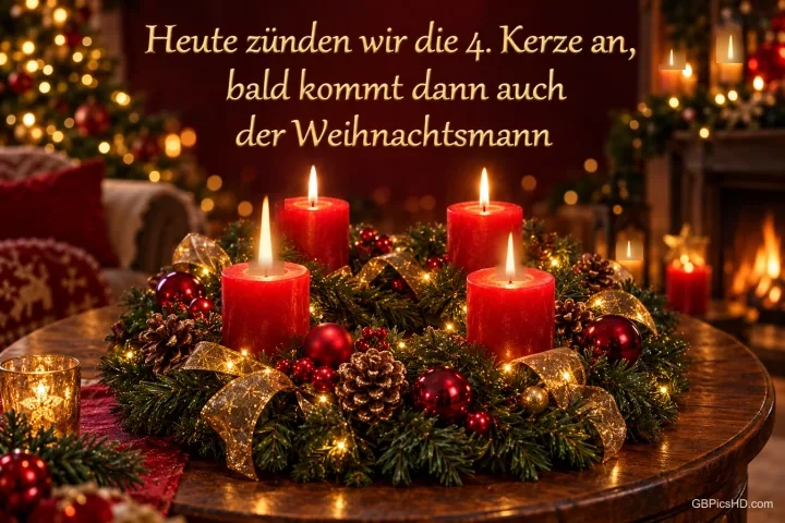 Vier rote Kerzen brennen im Kranz unter "Heute zünden wir die 4. Kerze an, bald kommt dann auch der Weihnachtsmann". Vier rote Kerzen brennen im Kranz unter "Heute zünden wir die 4. Kerze an, bald kommt dann auch der Weihnachtsmann".