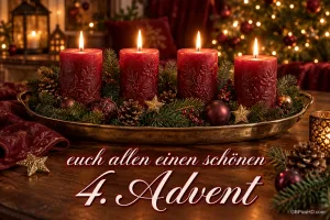 Vier rote Kerzen stehen mit Tannengrün und goldenen Sternen auf einem Tablett über "Euch allen einen schönen 4. Advent".