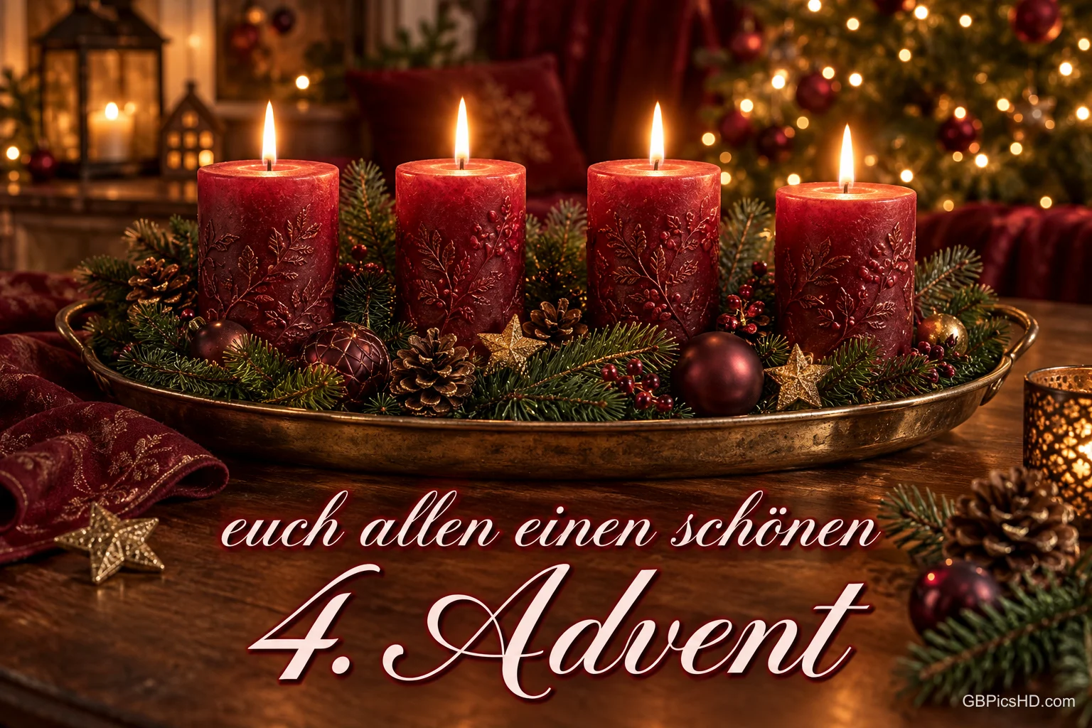 Vier rote Kerzen stehen mit Tannengrün und goldenen Sternen auf einem Tablett über "Euch allen einen schönen 4. Advent". Vier rote Kerzen stehen mit Tannengrün und goldenen Sternen auf einem Tablett über "Euch allen einen schönen 4. Advent".