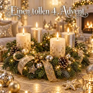Vier weiße und goldene Kerzen brennen im Kranz mit Kugeln und goldenen Bändern unter "Einen tollen 4. Advent".