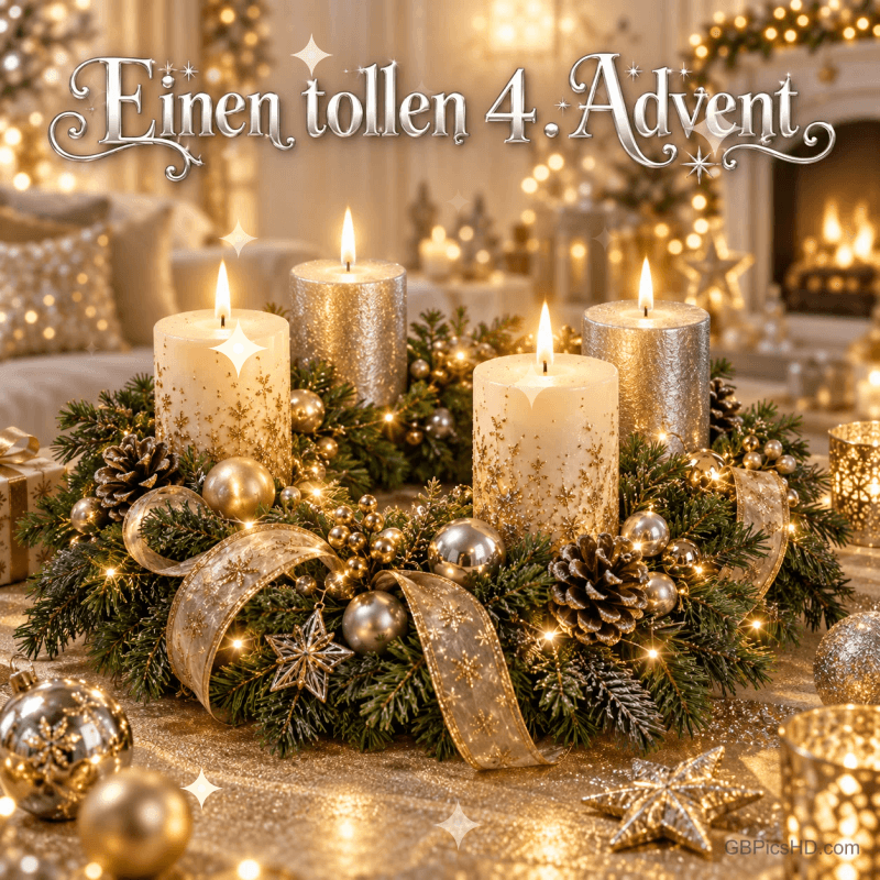 Vier weiße und goldene Kerzen brennen im Kranz mit Kugeln und goldenen Bändern unter "Einen tollen 4. Advent". Vier weiße und goldene Kerzen brennen im Kranz mit Kugeln und goldenen Bändern unter "Einen tollen 4. Advent".