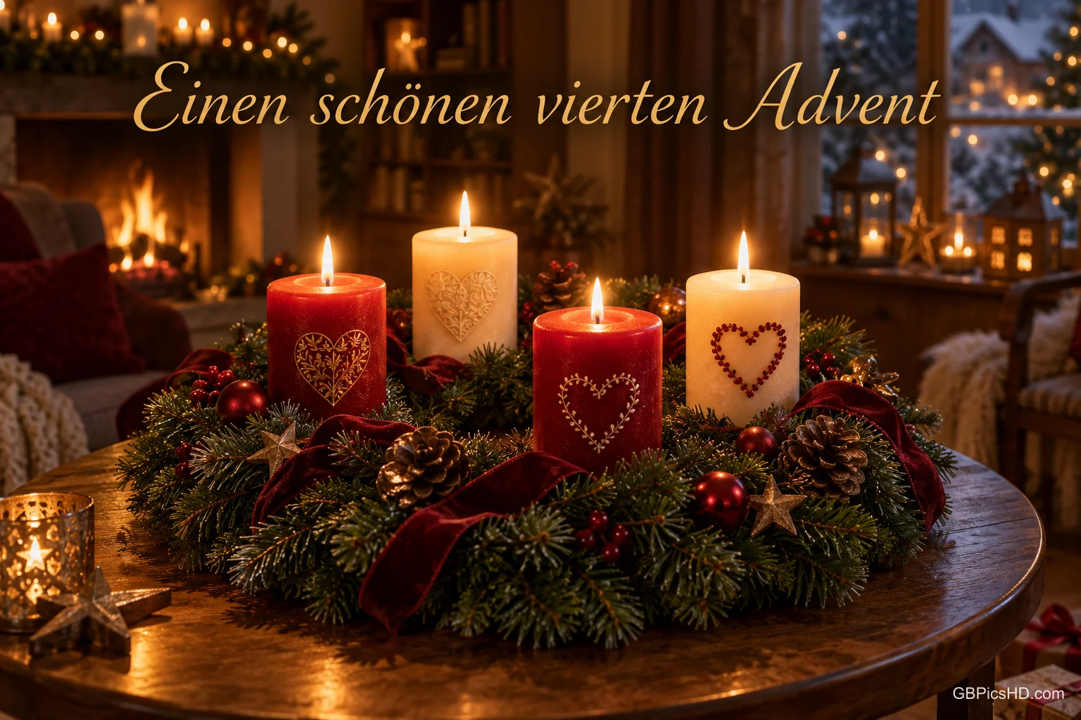 Vier brennende rote und cremefarbene Kerzen im Adventskranz am Kamin mit "Einen schönen vierten Advent". Vier brennende rote und cremefarbene Kerzen im Adventskranz am Kamin mit "Einen schönen vierten Advent".