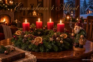 Ein Kranz mit vier roten Kerzen und Orangenscheiben steht neben einem Räuchermännchen unter "Einen schönen 4. Advent".