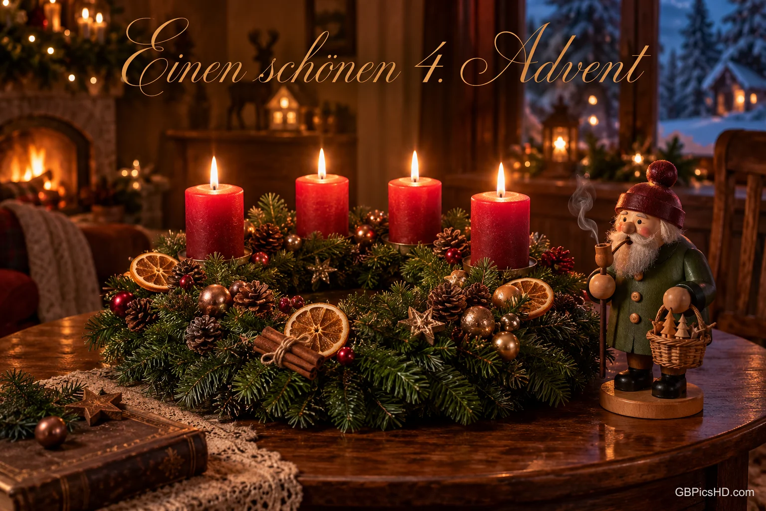 Ein Kranz mit vier roten Kerzen und Orangenscheiben steht neben einem Räuchermännchen unter "Einen schönen 4. Advent". Ein Kranz mit vier roten Kerzen und Orangenscheiben steht neben einem Räuchermännchen unter "Einen schönen 4. Advent".