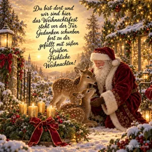 Ein Weihnachtsmann kniet bei zwei Rehen im verschneiten Garten mit "Fröhliche Weihnachten!".