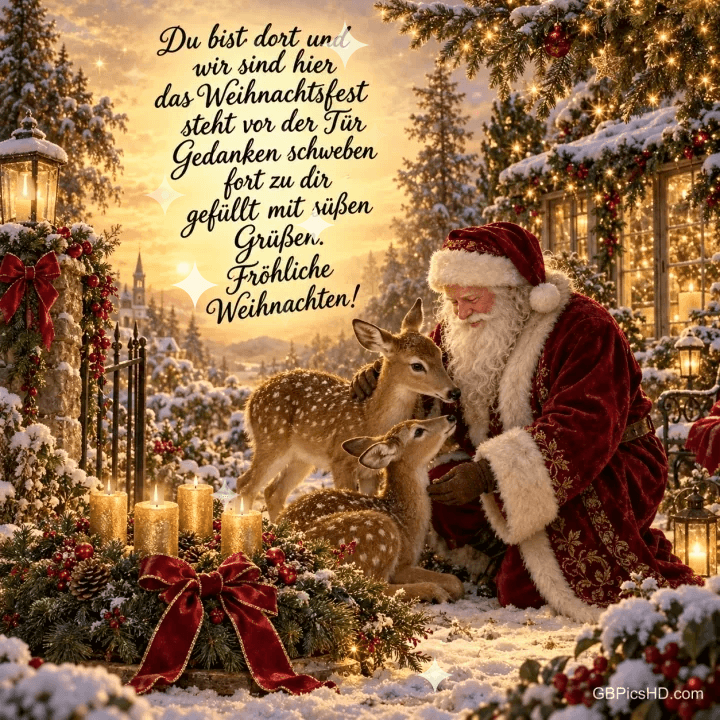 Ein Weihnachtsmann kniet bei zwei Rehen im verschneiten Garten mit "Fröhliche Weihnachten!". Ein Weihnachtsmann kniet bei zwei Rehen im verschneiten Garten mit "Fröhliche Weihnachten!".