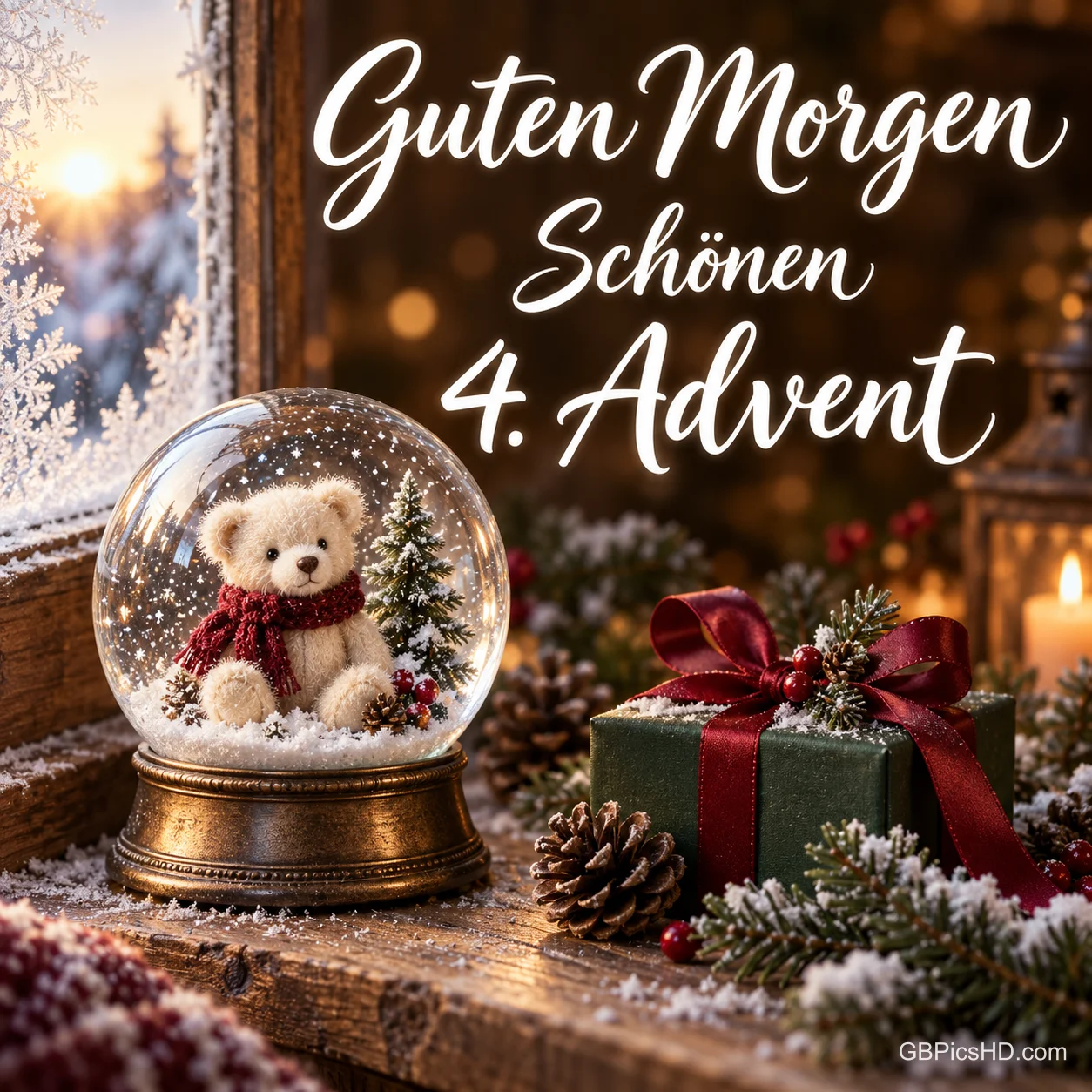 Eine Schneekugel mit Teddybär und ein grünes Geschenk stehen am frostigen Fenster unter "Guten Morgen Schönen 4. Advent". Eine Schneekugel mit Teddybär und ein grünes Geschenk stehen am frostigen Fenster unter "Guten Morgen Schönen 4. Advent".