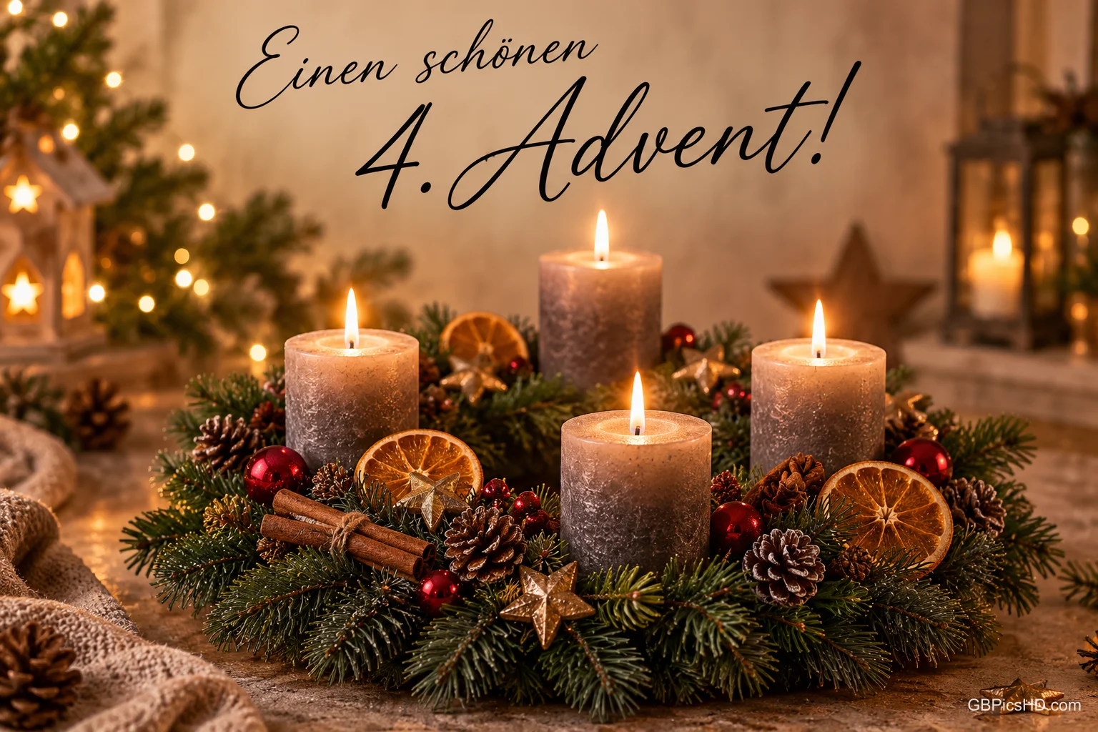 Vier brennende Kerzen im Kranz mit Orangenscheiben, Zimt und Zapfen sowie "Einen schönen 4. Advent!". Vier brennende Kerzen im Kranz mit Orangenscheiben, Zimt und Zapfen sowie "Einen schönen 4. Advent!".