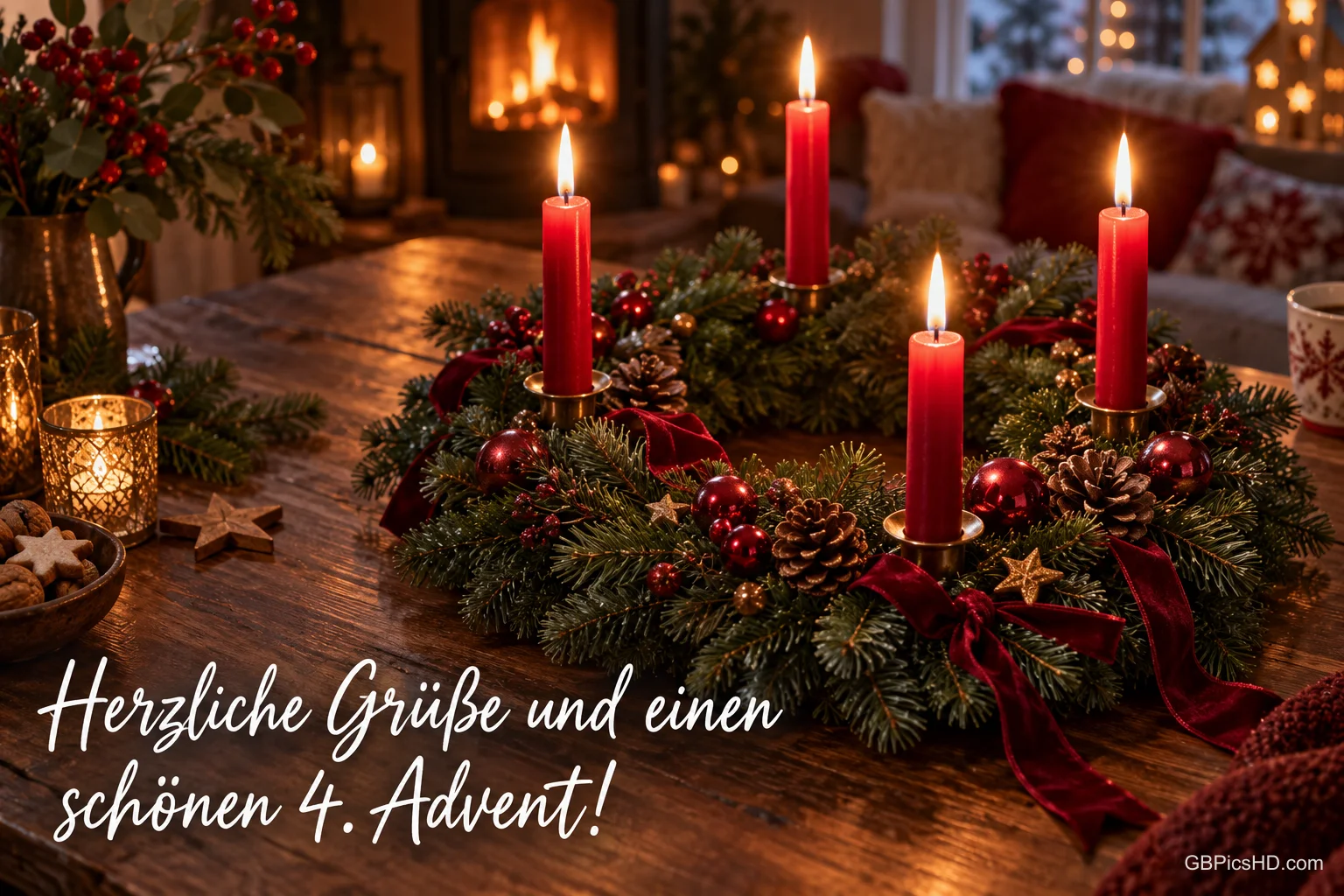 Vier rote Stabkerzen brennen im Adventskranz auf einem Holztisch mit "Herzliche Grüße und einen schönen 4. Advent!". Vier rote Stabkerzen brennen im Adventskranz auf einem Holztisch mit "Herzliche Grüße und einen schönen 4. Advent!".