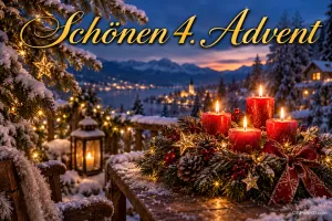Vier rote Kerzen im Adventskranz auf einer Schneeterrasse vor See und Bergen mit "Schönen 4. Advent".