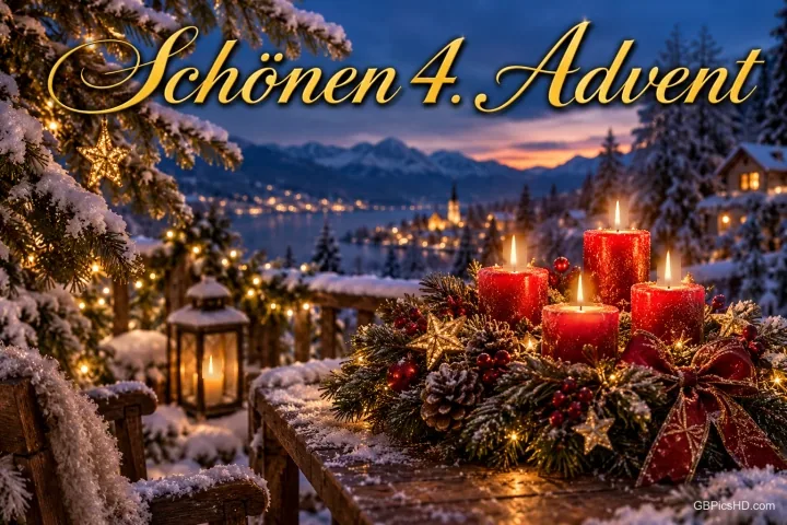 Vier rote Kerzen im Adventskranz auf einer Schneeterrasse vor See und Bergen mit "Schönen 4. Advent". Vier rote Kerzen im Adventskranz auf einer Schneeterrasse vor See und Bergen mit "Schönen 4. Advent".