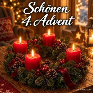 Ein Adventskranz mit vier brennenden roten Kerzen, Zapfen und roten Schleifen steht unter "Schönen 4. Advent".