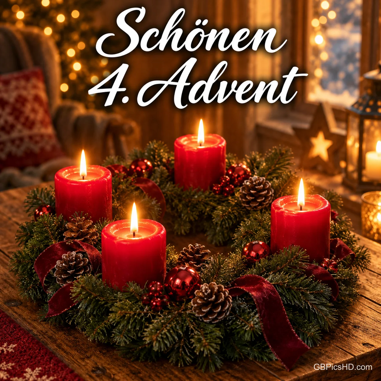 Ein Adventskranz mit vier brennenden roten Kerzen, Zapfen und roten Schleifen steht unter "Schönen 4. Advent". Ein Adventskranz mit vier brennenden roten Kerzen, Zapfen und roten Schleifen steht unter "Schönen 4. Advent".