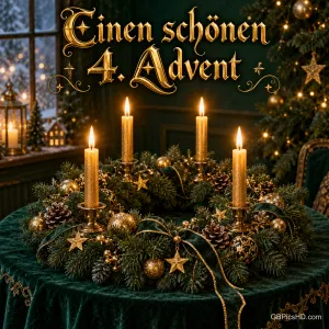 Vier goldene Stabkerzen im Kranz mit goldenen Kugeln und grünen Schleifen unter "Einen schönen 4. Advent".