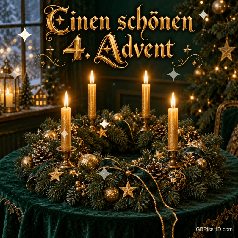 Vier goldene Stabkerzen im Kranz mit goldenen Kugeln und grünen Schleifen unter "Einen schönen 4. Advent". Vier goldene Stabkerzen im Kranz mit goldenen Kugeln und grünen Schleifen unter "Einen schönen 4. Advent".