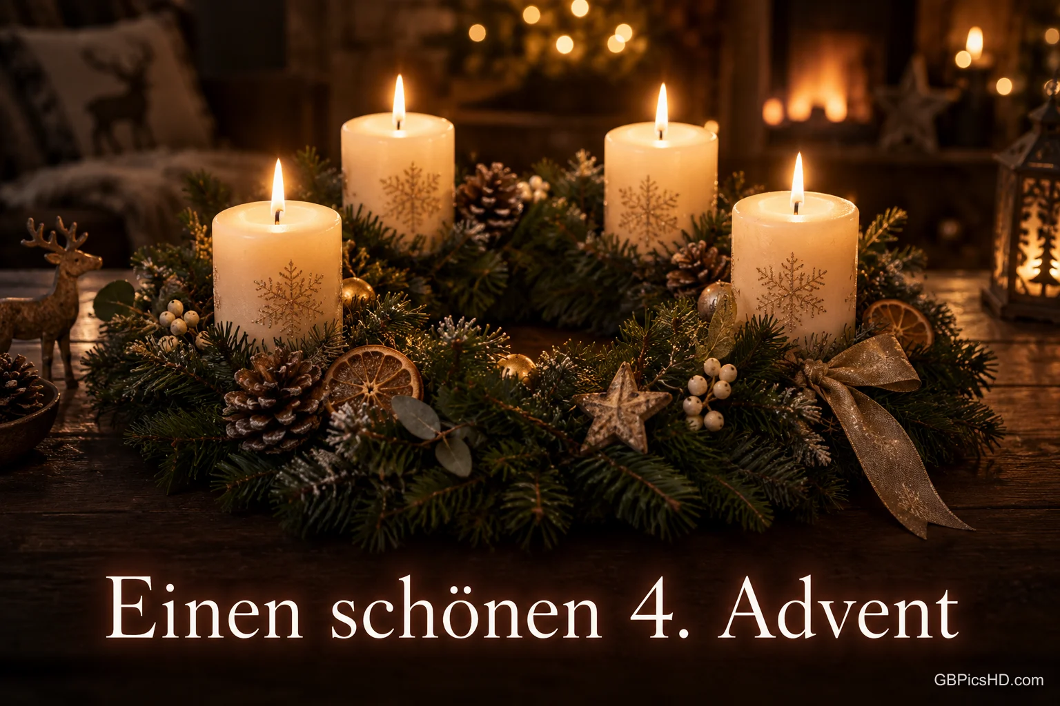 Vier helle Kerzen mit Schneeflockenmotiven im Adventskranz vor einem Kamin mit "Einen schönen 4. Advent". Vier helle Kerzen mit Schneeflockenmotiven im Adventskranz vor einem Kamin mit "Einen schönen 4. Advent".