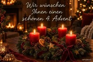 Ein Kranz mit vier roten Kerzen, Orangenscheiben und einer Schleife steht unter "Wir wünschen Ihnen einen schönen 4. Advent".