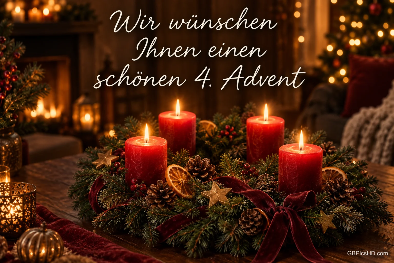 Ein Kranz mit vier roten Kerzen, Orangenscheiben und einer Schleife steht unter "Wir wünschen Ihnen einen schönen 4. Advent". Ein Kranz mit vier roten Kerzen, Orangenscheiben und einer Schleife steht unter "Wir wünschen Ihnen einen schönen 4. Advent".