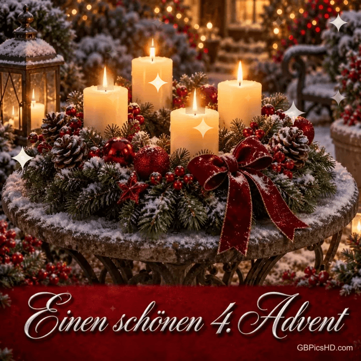 Vier helle Kerzen im verschneiten Adventskranz mit roter Schleife im Garten und "Einen schönen 4. Advent". Vier helle Kerzen im verschneiten Adventskranz mit roter Schleife im Garten und "Einen schönen 4. Advent".