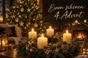 Vier helle Kerzen leuchten in einem goldgeschmückten Kranz vor Weihnachtsbaum und Kamin neben "Einen schönen 4. Advent".