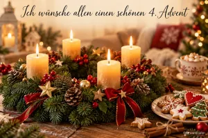 Vier helle Kerzen im Adventskranz stehen neben Weihnachtsplätzchen und einer Tasse unter "Ich wünsche allen einen schönen 4. Advent".