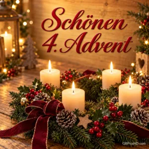 Vier brennende Kerzen in einem Adventskranz mit roten Schleifen, Beeren und Zapfen unter dem Gruß "Schönen 4. Advent".