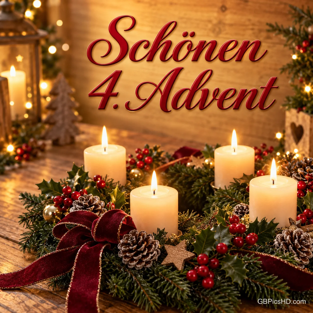 Vier brennende Kerzen in einem Adventskranz mit roten Schleifen, Beeren und Zapfen unter dem Gruß "Schönen 4. Advent". Vier brennende Kerzen in einem Adventskranz mit roten Schleifen, Beeren und Zapfen unter dem Gruß "Schönen 4. Advent".