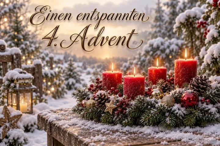 Vier rote Kerzen auf einem verschneiten Adventskranz mit dem Gruß "Einen entspannten 4. Advent". Vier rote Kerzen auf einem verschneiten Adventskranz mit dem Gruß "Einen entspannten 4. Advent".