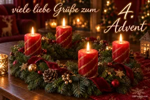 Vier brennende rote Kerzen auf einem Adventskranz mit "Viele liebe Grüße zum 4. Advent".