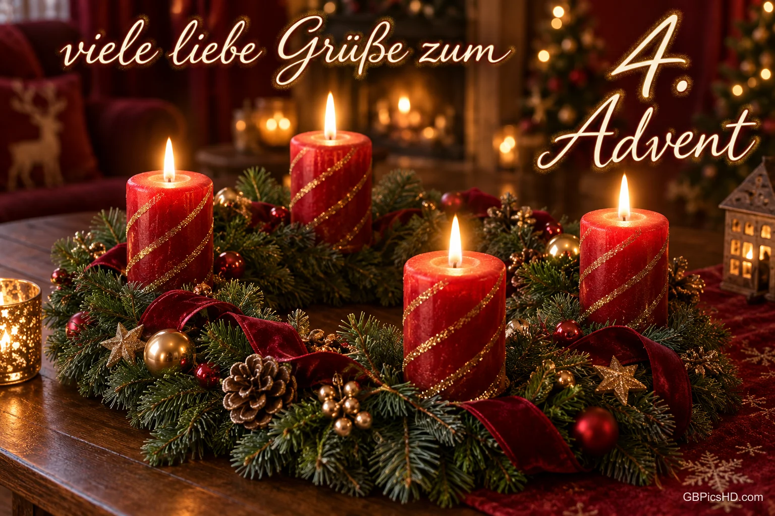 Vier brennende rote Kerzen auf einem Adventskranz mit "Viele liebe Grüße zum 4. Advent". Vier brennende rote Kerzen auf einem Adventskranz mit "Viele liebe Grüße zum 4. Advent".
