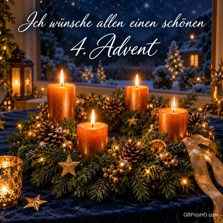 Vier goldene Kerzen im Adventskranz vor einem winterlichen Fenster mit "Ich wünsche allen einen schönen 4. Advent". Vier goldene Kerzen im Adventskranz vor einem winterlichen Fenster mit "Ich wünsche allen einen schönen 4. Advent".
