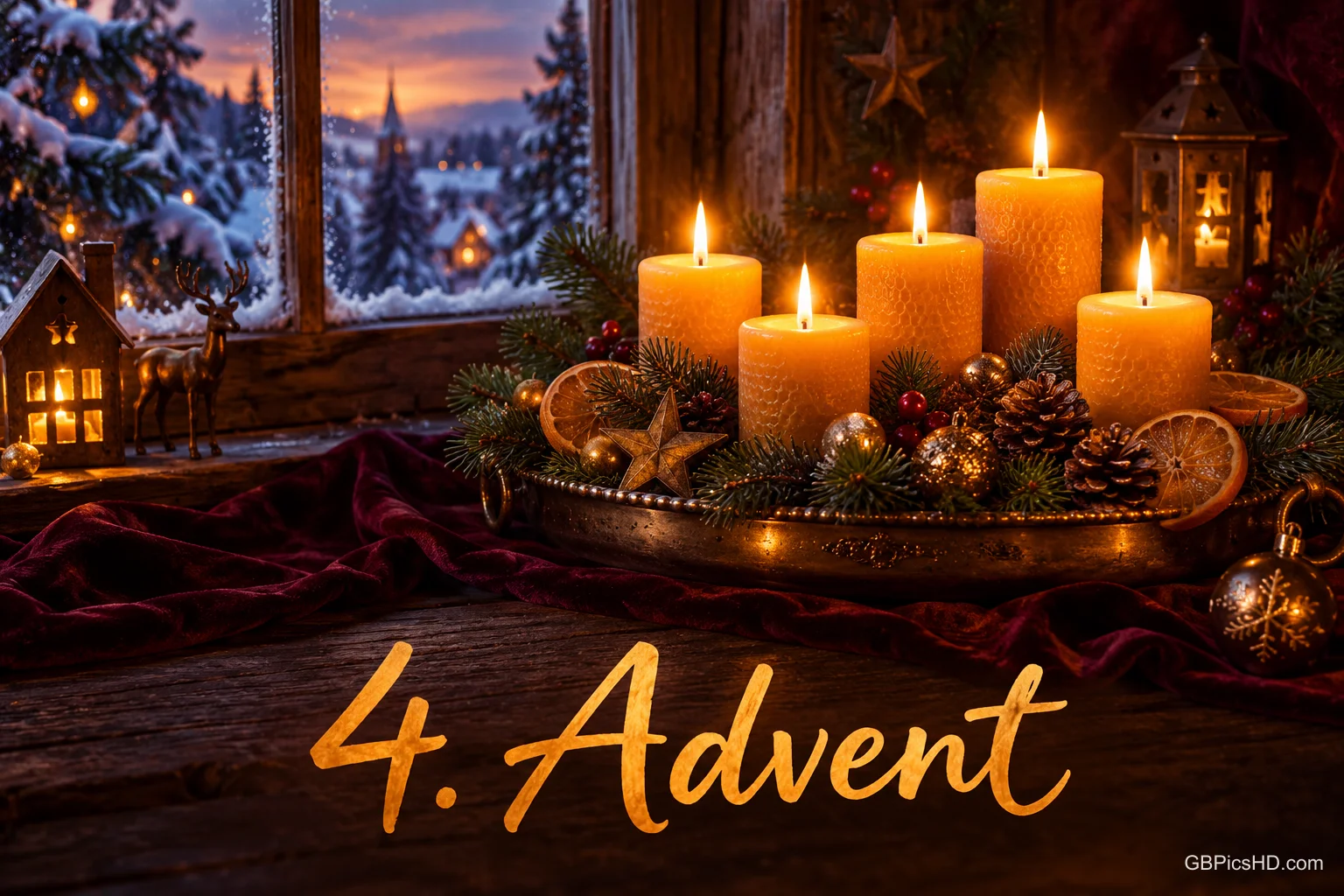 Fünf brennende goldgelbe Kerzen stehen mit Tannengrün, Zapfen und Orangenscheiben auf einem Tablett über dem Schriftzug "4. Advent". Fünf brennende goldgelbe Kerzen stehen mit Tannengrün, Zapfen und Orangenscheiben auf einem Tablett über dem Schriftzug "4. Advent".