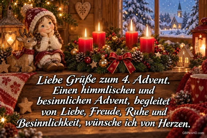 Eine Mädchenfigur mit Rentier neben vier roten Adventskerzen und dem Gruß "Liebe Grüße zum 4. Advent.". Eine Mädchenfigur mit Rentier neben vier roten Adventskerzen und dem Gruß "Liebe Grüße zum 4. Advent.".