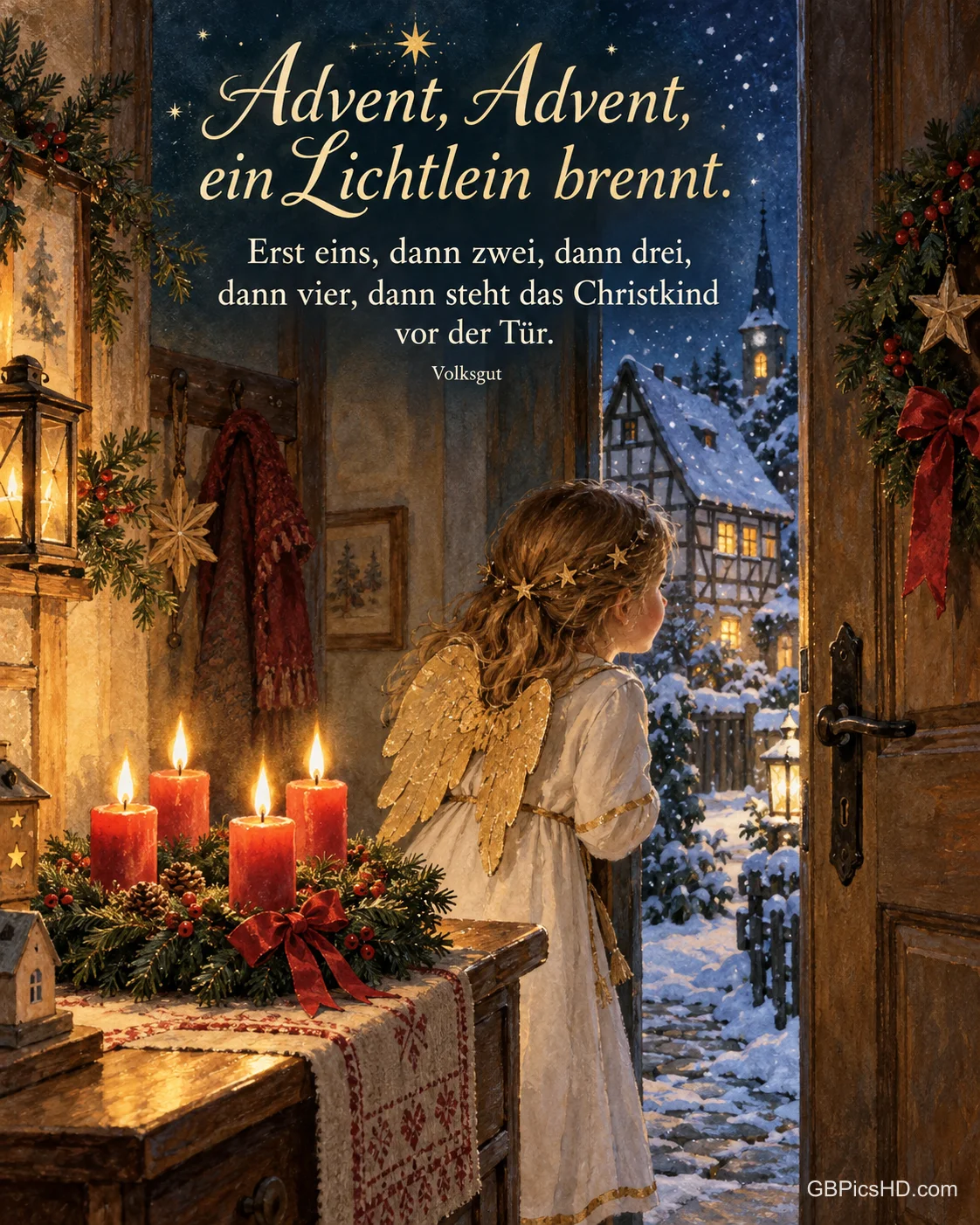 Ein kleines Mädchen im Engelskostüm schaut aufgeregt durch die Haustür in die verschneite Nacht, auf dem Flurtisch brennen alle vier Kerzen am Adventskranz, dazu "Advent, Advent, ein Lichtlein brennt".