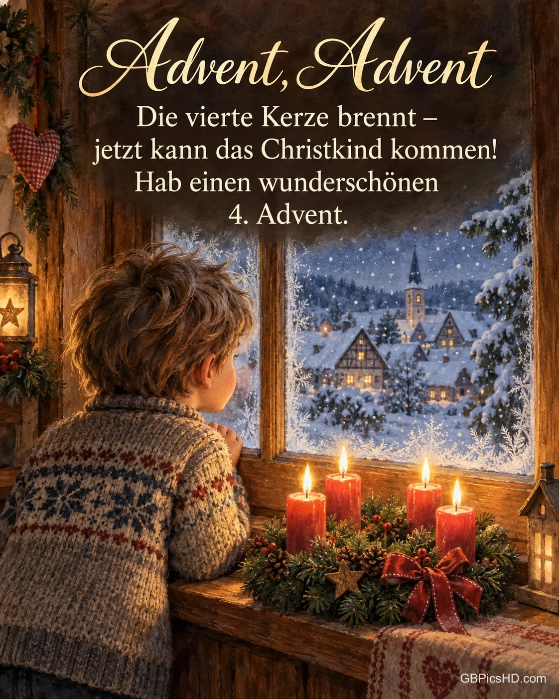 Ein kleiner Junge schaut von hinten durchs frostige Fenster in den Schneefall, auf der Fensterbank brennen vier Kerzen am Adventskranz, dazu „Advent, Advent“. Ein kleiner Junge schaut von hinten durchs frostige Fenster in den Schneefall, auf der Fensterbank brennen vier Kerzen am Adventskranz, dazu „Advent, Advent“.
