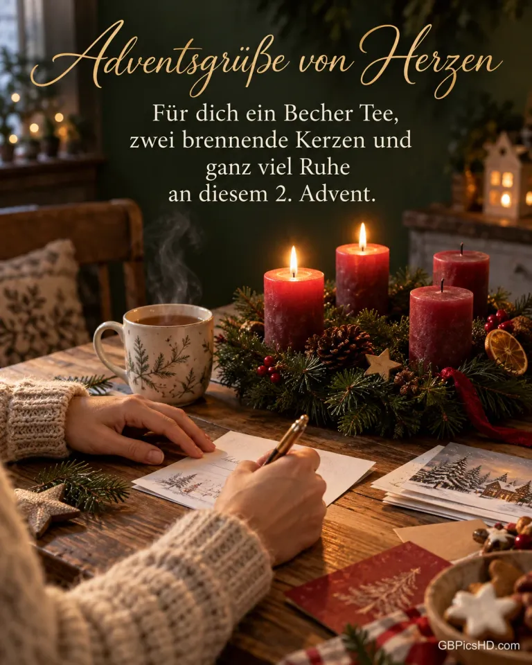 Frauenhände schreiben am Holztisch Weihnachtskarten, daneben ein Becher Tee und ein Adventskranz mit zwei brennenden Kerzen, dazu "Adventsgrüße von Herzen".