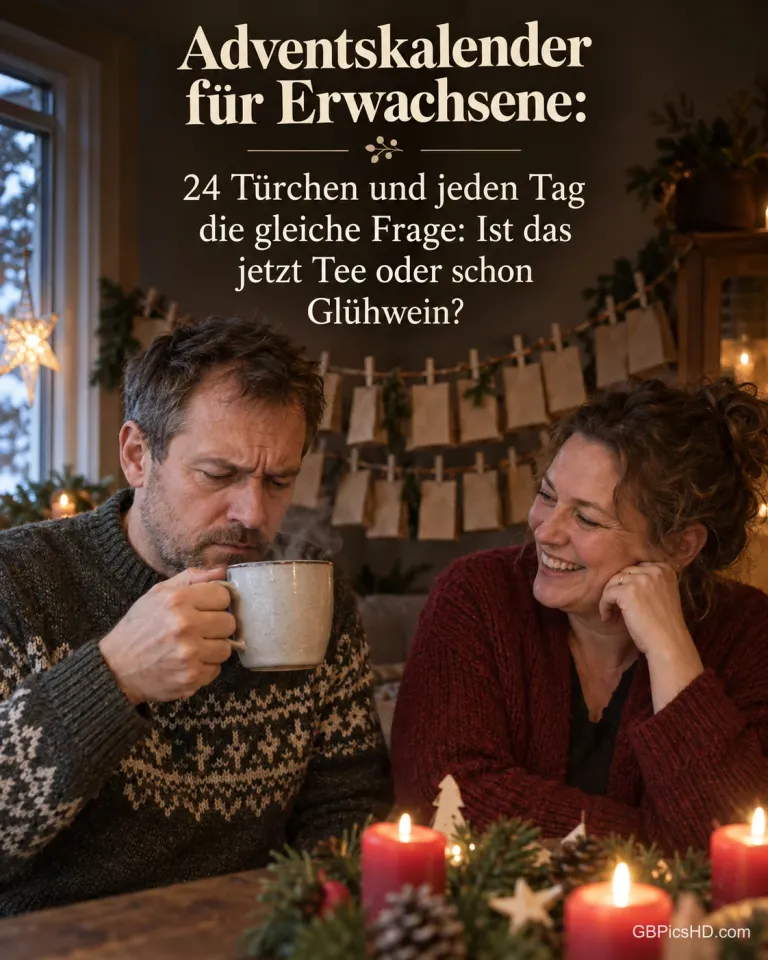 Ein Mann schnuppert skeptisch an einer dampfenden Tasse, seine Frau lacht, dahinter hängt ein Adventskalender aus Papiertüten, dazu „Adventskalender für Erwachsene“.