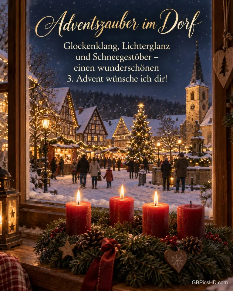 Blick aus dem Fenster auf einen verschneiten, festlich beleuchteten Dorfplatz, auf der Fensterbank brennen drei Kerzen am Adventskranz, dazu "Adventszauber im Dorf".