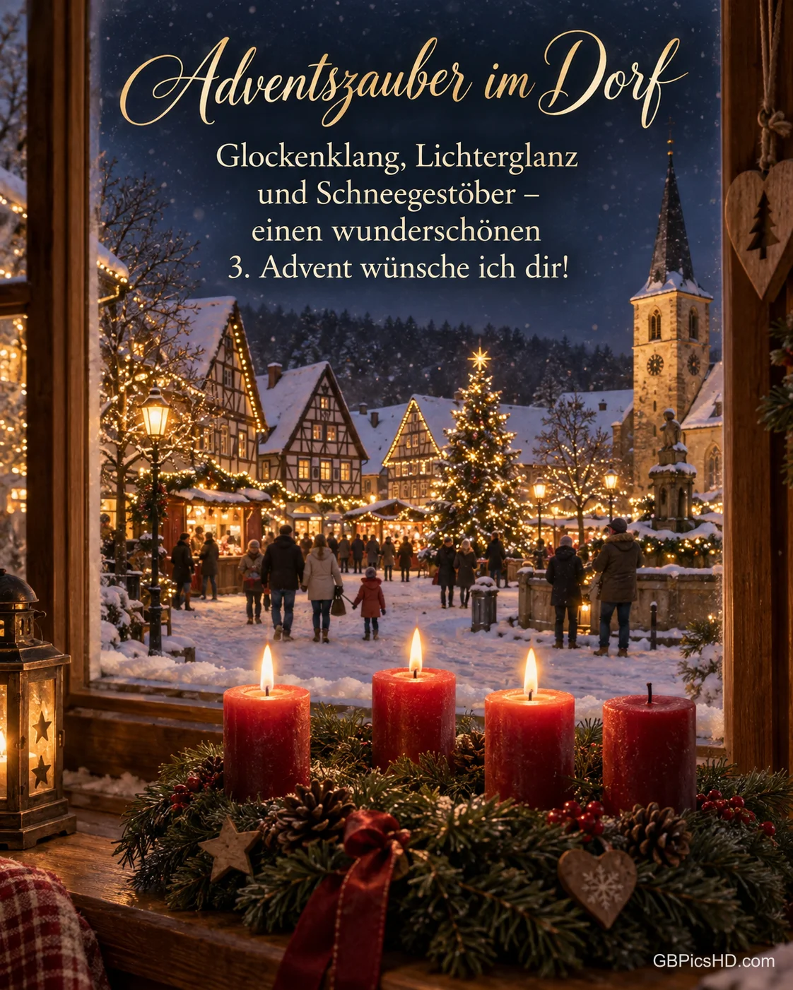 Blick aus dem Fenster auf einen verschneiten, festlich beleuchteten Dorfplatz, auf der Fensterbank brennen drei Kerzen am Adventskranz, dazu "Adventszauber im Dorf".