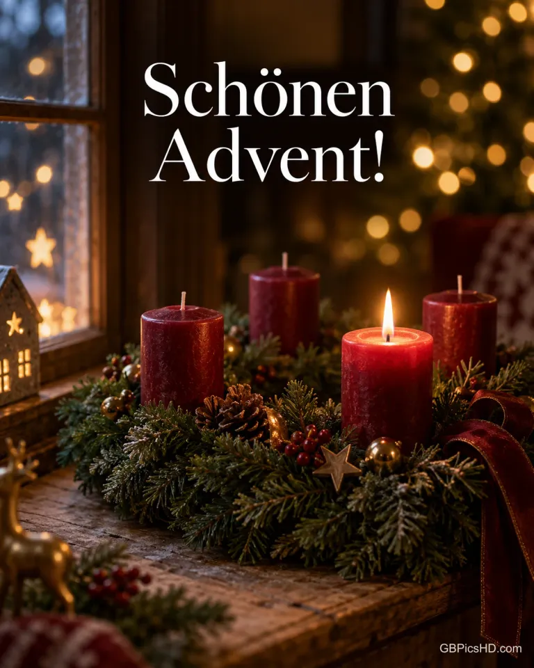 Ein Adventskranz mit vier roten Kerzen, davon eine brennend, steht am Fenster unter dem Gruß "Schönen Advent!".