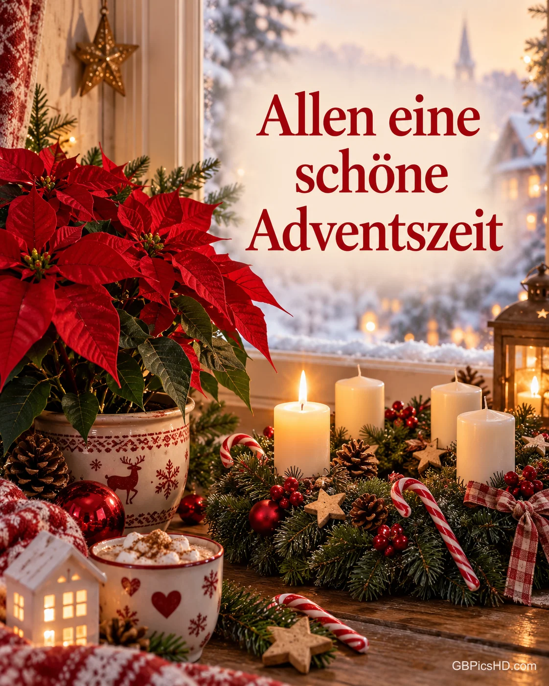Ein Weihnachtsstern, ein Kranz mit vier weißen Kerzen und eine Tasse stehen am Fenster mit dem Gruß "Allen eine schöne Adventszeit". Ein Weihnachtsstern, ein Kranz mit vier weißen Kerzen und eine Tasse stehen am Fenster mit dem Gruß "Allen eine schöne Adventszeit".