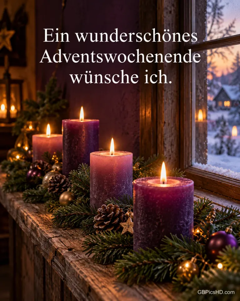 Vier brennende violette Kerzen stehen mit Tannengrün am Fenster unter dem Gruß "Ein wunderschönes Adventswochenende wünsche ich.".
