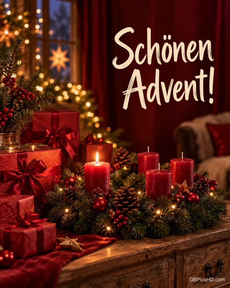 Rote Geschenke und ein Adventskranz mit vier roten Kerzen, davon eine brennend, schmücken den Tisch unter dem Gruß "Schönen Advent!".
